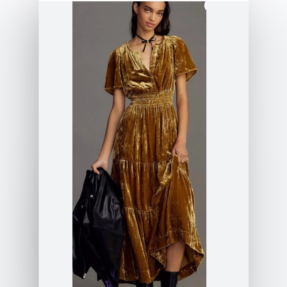 Anthropologie Somerset Velvet Edition Tiered Gold Maxi Dress Women’s 1X - Picture 3 of 15